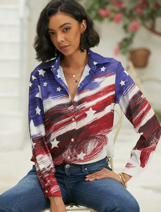 Online Women's Patriotic Shirt White And Blue USA National Flag Button Print White And Blue Long Sleeve Daily Weekend Streetwear Casual Shirt Collar Regular S Women Independence Day Top