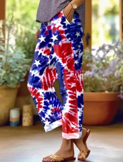 Online Women's Patriotic Skinny Vacation Vintage Stylish Full Length High Waist Pants Graphic Flag Printing Breathable Soft Red Dark navy Royal Blue Summer Women Independence Day Bottoms