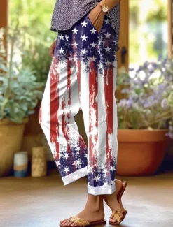 Online Women's Patriotic Skinny Vacation Vintage Stylish Full Length High Waist Pants Graphic Flag Printing Breathable Soft Red Dark navy Royal Blue Summer Women Independence Day Bottoms