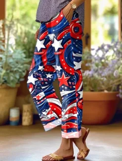 Online Women's Patriotic Skinny Vacation Vintage Stylish Full Length High Waist Pants Graphic Flag Printing Breathable Soft Red Dark navy Royal Blue Summer Women Independence Day Bottoms