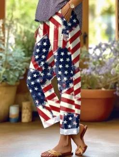 Online Women's Patriotic Skinny Vacation Vintage Stylish Full Length High Waist Pants Graphic Flag Printing Breathable Soft Red Dark navy Royal Blue Summer Women Independence Day Bottoms