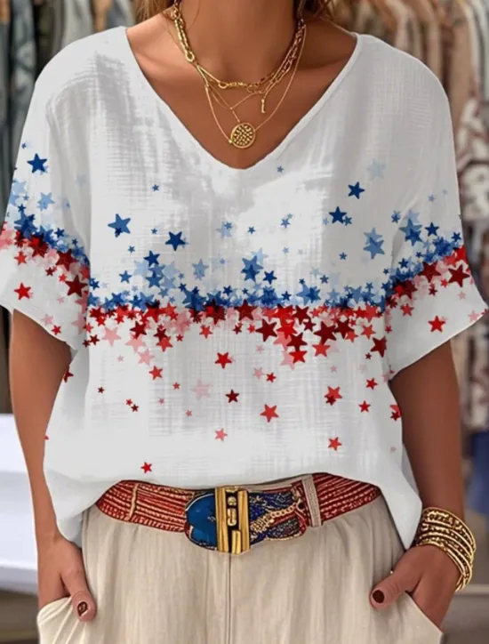 Hot Women's Patriotic Summer Tops Floral Graphic Flag Vintage Stylish Classic Short Sleeve V Neck Regular Tops Daily Print White Sky Blue Beige Light Blue Summer Spring Women Independence Day Top