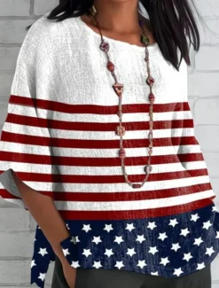 Online Women's Patriotic Summer Tops Graphic Flag Vintage Stylish Ethnic Sleeveless Long Sleeve Crew Neck Boat Neck Regular Tops Daily Print White Red Blue Summer Spring Women Independence Day Top