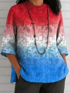 Online Women's Patriotic Summer Tops Graphic Flag Vintage Stylish Ethnic Sleeveless Long Sleeve Crew Neck Boat Neck Regular Tops Daily Print White Red Blue Summer Spring Women Independence Day Top