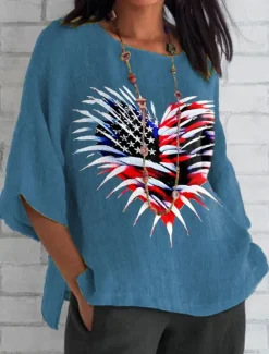 Sale Women's Patriotic Summer Tops Heart Graphic Flag Vintage Casual 3/4 Length Sleeve Crew Neck Regular Tops Daily Print Black White Blue Gray Summer Spring Women Independence Day Top