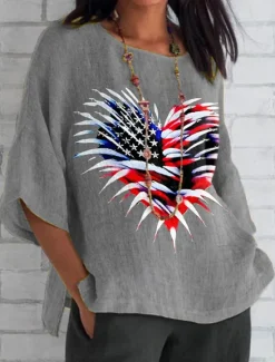Sale Women's Patriotic Summer Tops Heart Graphic Flag Vintage Casual 3/4 Length Sleeve Crew Neck Regular Tops Daily Print Black White Blue Gray Summer Spring Women Independence Day Top