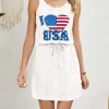 Women's Patriotic Swimwear Cover Up Swim Dress Swimsuit Cut Out Vacation Beach Wear Solid Color Round Neck Sleeveless Bathing Suits Women Independence Day Dress