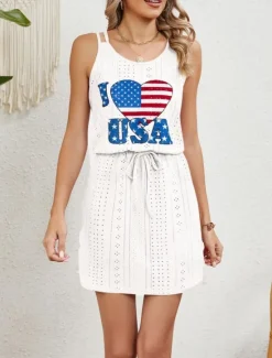 Women's Patriotic Swimwear Cover Up Swim Dress Swimsuit Cut Out Vacation Beach Wear Solid Color Round Neck Sleeveless Bathing Suits Women Independence Day Dress