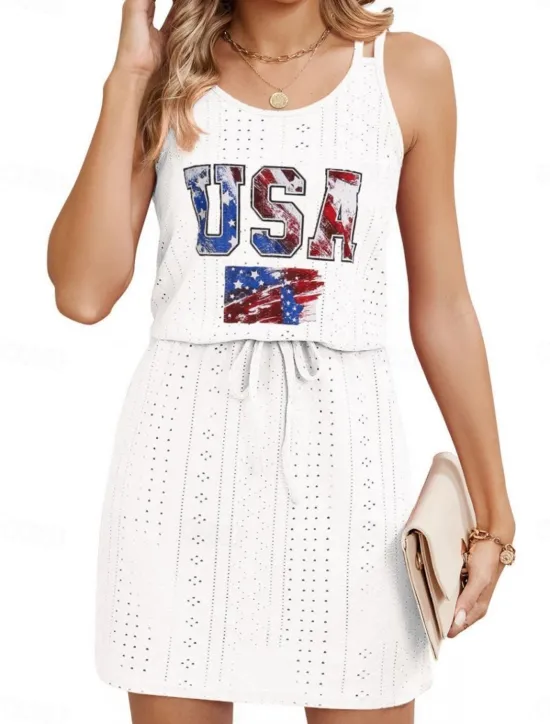 Women's Patriotic Swimwear Cover Up Swim Dress Swimsuit Cut Out Vacation Beach Wear Solid Color Round Neck Sleeveless Bathing Suits Women Independence Day Dress