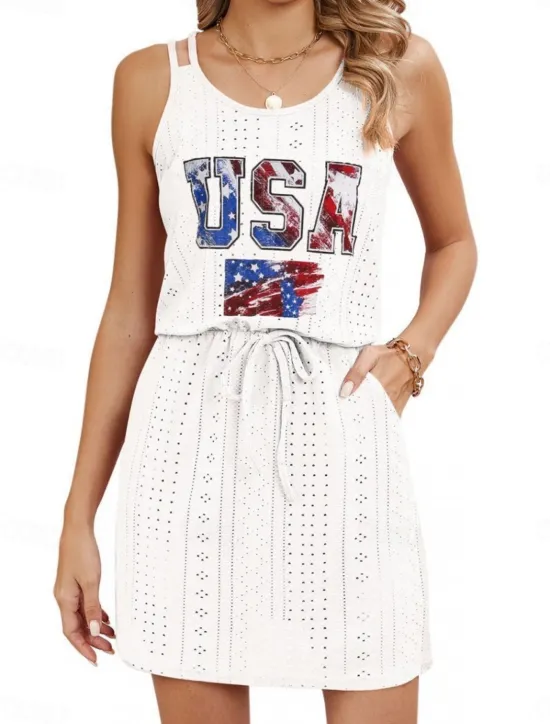 Women's Patriotic Swimwear Cover Up Swim Dress Swimsuit Cut Out Vacation Beach Wear Solid Color Round Neck Sleeveless Bathing Suits Women Independence Day Dress