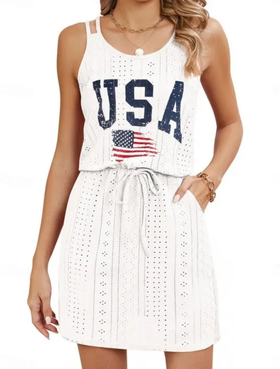 Women's Patriotic Swimwear Cover Up Swim Dress Swimsuit Cut Out Vacation Beach Wear Solid Color Round Neck Sleeveless Bathing Suits Women Independence Day Dress