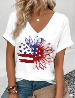 Outlet Women's Patriotic T Shirt Graphic American Flag Vintage Stylish Short Sleeve V Neck Regular Tops Daily Weekend Print Red Royal Blue Blue Summer Spring Women Independence Day Top