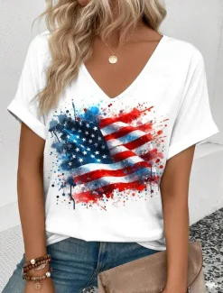 Outlet Women's Patriotic T Shirt Graphic American Flag Vintage Stylish Short Sleeve V Neck Regular Tops Daily Weekend Print Red Royal Blue Blue Summer Spring Women Independence Day Top