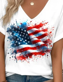 Outlet Women's Patriotic T Shirt Graphic American Flag Vintage Stylish Short Sleeve V Neck Regular Tops Daily Weekend Print Red Royal Blue Blue Summer Spring Women Independence Day Top