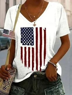 Women's Patriotic T Shirt Graphic Flag Flag Stylish Casual Red And Blue Short Sleeve Crew Neck Regular Tops Daily Print Summer Spring Women Independence Day Top