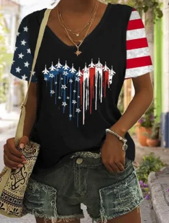 Outlet Women's Patriotic T Shirt Graphic American Flag Vintage Stylish Classic Short Sleeve V Neck Regular Tops Daily Weekend Print Black White Red Blue Summer Women Independence Day Top