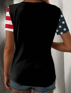 Outlet Women's Patriotic T Shirt Graphic American Flag Vintage Stylish Classic Short Sleeve V Neck Regular Tops Daily Weekend Print Black White Red Blue Summer Women Independence Day Top