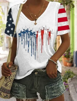 Outlet Women's Patriotic T Shirt Graphic American Flag Vintage Stylish Classic Short Sleeve V Neck Regular Tops Daily Weekend Print Black White Red Blue Summer Women Independence Day Top