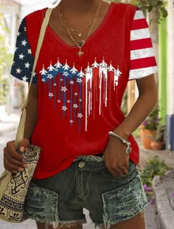 Outlet Women's Patriotic T Shirt Graphic American Flag Vintage Stylish Classic Short Sleeve V Neck Regular Tops Daily Weekend Print Black White Red Blue Summer Women Independence Day Top