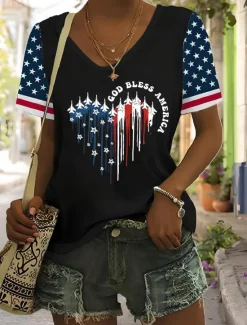 Clearance Women's Patriotic T Shirt Graphic Plants American Flag Vintage Stylish Classic Short Sleeve V Neck Regular Tops Daily Weekend Print Black White Red Light Brown Blue Women Independence Day Top