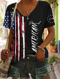 Best Women's Patriotic T Shirt Flag Flag National Flag Stylish Casual Red White And Blue Short Sleeve V Neck Regular Tops Daily Print Black Summer Spring Women Independence Day Top