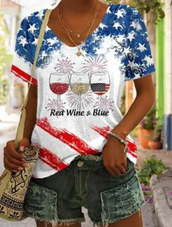 Best Women's Patriotic T Shirt Flag Flag National Flag Stylish Casual Red White And Blue Short Sleeve V Neck Regular Tops Daily Print Black Summer Spring Women Independence Day Top