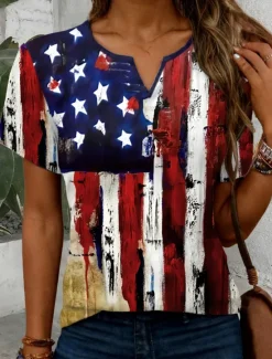 Clearance Women's Patriotic T Shirt American Flag National Flag Casual Red White And Blue Short Sleeve Notched Neck Regular Tops Daily Print Summer Spring Women Independence Day Top
