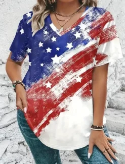 Hot Women's Patriotic T Shirt Flag Flag National Flag Stylish Casual Red White And Blue Short Sleeve V Neck Regular Tops Daily Print Red Blue Summer Spring Women Independence Day Top