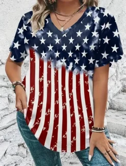 Hot Women's Patriotic T Shirt Flag Flag National Flag Stylish Casual Red White And Blue Short Sleeve V Neck Regular Tops Daily Print Red Blue Summer Spring Women Independence Day Top