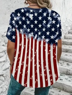 Hot Women's Patriotic T Shirt Flag Flag National Flag Stylish Casual Red White And Blue Short Sleeve V Neck Regular Tops Daily Print Red Blue Summer Spring Women Independence Day Top