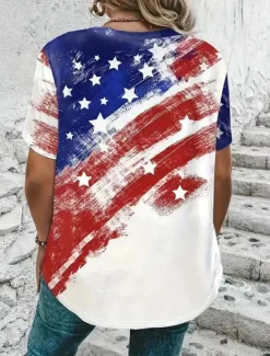 Hot Women's Patriotic T Shirt Flag Flag National Flag Stylish Casual Red White And Blue Short Sleeve V Neck Regular Tops Daily Print Red Blue Summer Spring Women Independence Day Top