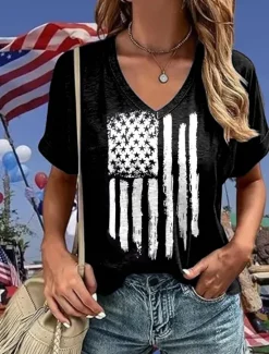 Online Women's Patriotic T Shirt Graphic American Flag Vintage Stylish Classic Short Sleeve V Neck Regular Tops Daily Weekend Print Summer Spring Women Independence Day Top