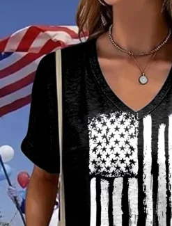 Online Women's Patriotic T Shirt Graphic American Flag Vintage Stylish Classic Short Sleeve V Neck Regular Tops Daily Weekend Print Summer Spring Women Independence Day Top