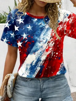 Women's Patriotic T Shirt Graphic Flag Flag Vintage Stylish Classic Red White And Blue Short Sleeve Crew Neck Round Neck Regular Tops Daily Print Women Independence Day Top