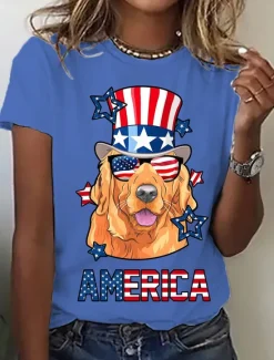 Women's Patriotic T Shirt Graphic Flag Vintage Stylish Casual Short Sleeve Crew Neck Regular Tops Daily Print Black White Blue Light Blue Summer Spring Women Independence Day Top