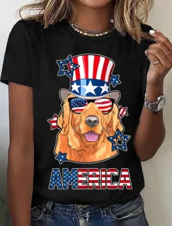 Women's Patriotic T Shirt Graphic Flag Vintage Stylish Casual Short Sleeve Crew Neck Regular Tops Daily Print Black White Blue Light Blue Summer Spring Women Independence Day Top