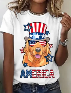 Women's Patriotic T Shirt Graphic Flag Vintage Stylish Casual Short Sleeve Crew Neck Regular Tops Daily Print Black White Blue Light Blue Summer Spring Women Independence Day Top