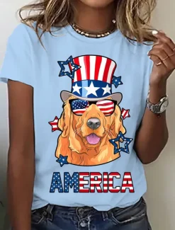 Women's Patriotic T Shirt Graphic Flag Vintage Stylish Casual Short Sleeve Crew Neck Regular Tops Daily Print Black White Blue Light Blue Summer Spring Women Independence Day Top