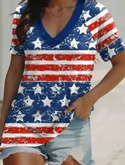 Clearance Women's Patriotic T Shirt Flag Casual Red White And Blue Short Sleeve V Neck Regular Tops Daily Print Red Summer Women Independence Day Top