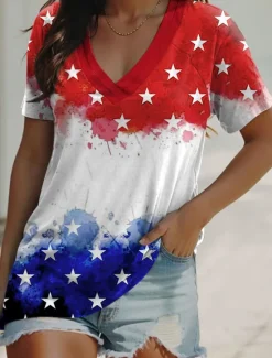 Clearance Women's Patriotic T Shirt Flag Casual Red White And Blue Short Sleeve V Neck Regular Tops Daily Print Red Summer Women Independence Day Top