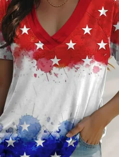 Clearance Women's Patriotic T Shirt Flag Casual Red White And Blue Short Sleeve V Neck Regular Tops Daily Print Red Summer Women Independence Day Top