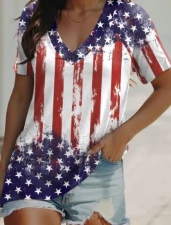 Clearance Women's Patriotic T Shirt Flag Casual Red White And Blue Short Sleeve V Neck Regular Tops Daily Print Red Summer Women Independence Day Top