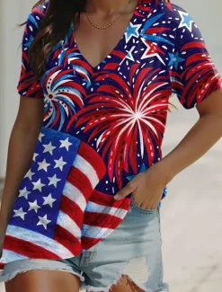 Clearance Women's Patriotic T Shirt Flag Casual Red White And Blue Short Sleeve V Neck Regular Tops Daily Print Red Summer Women Independence Day Top