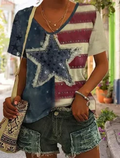 Online Women's Patriotic T Shirt Heart Graphic Flag Stylish Casual Short Sleeve V Neck Regular Tops Daily Print Blue Purple Brown Green Summer Spring Women Independence Day Top