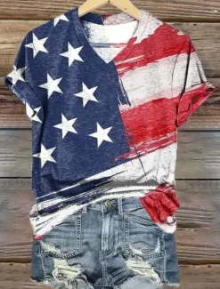 New Women's Patriotic T Shirt Graphic American Flag Vintage Stylish Classic Short Sleeve V Neck Regular Tops Daily Print White Red Blue Red / Blue Summer Spring Women Independence Day Top