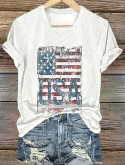 New Women's Patriotic T Shirt Graphic American Flag Vintage Stylish Classic Short Sleeve V Neck Regular Tops Daily Print White Red Blue Red / Blue Summer Spring Women Independence Day Top