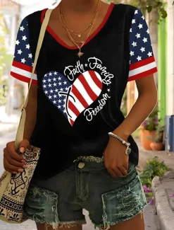 Outlet Women's Patriotic T Shirt Heart Graphic American Flag Vintage Stylish Classic Short Sleeve V Neck Regular Tops Daily Weekend Print Black White Red Blue Summer Spring Women Independence Day Top