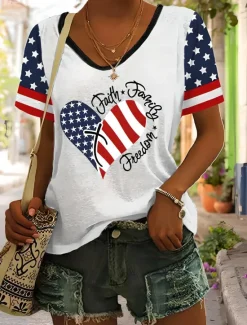 Outlet Women's Patriotic T Shirt Heart Graphic American Flag Vintage Stylish Classic Short Sleeve V Neck Regular Tops Daily Weekend Print Black White Red Blue Summer Spring Women Independence Day Top
