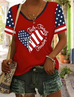 Outlet Women's Patriotic T Shirt Heart Graphic American Flag Vintage Stylish Classic Short Sleeve V Neck Regular Tops Daily Weekend Print Black White Red Blue Summer Spring Women Independence Day Top
