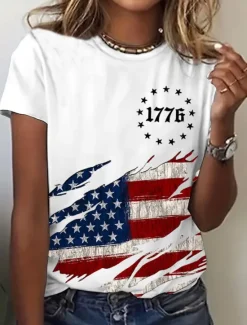Outlet Women's Patriotic T Shirt Graphic Flag Vintage Stylish Classic Short Sleeve Crew Neck Regular Tops Daily Weekend Print Black White Blue Summer Spring Women Independence Day Top